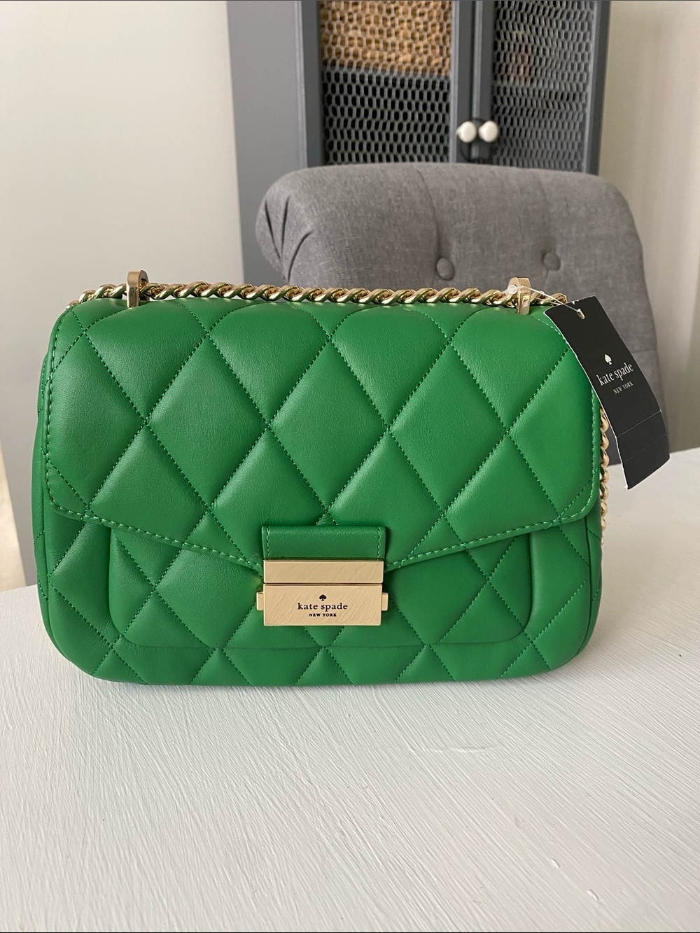 Kate Spade Green Carey Smooth Leather Quilted Small Flap Shoulder Bag NWT